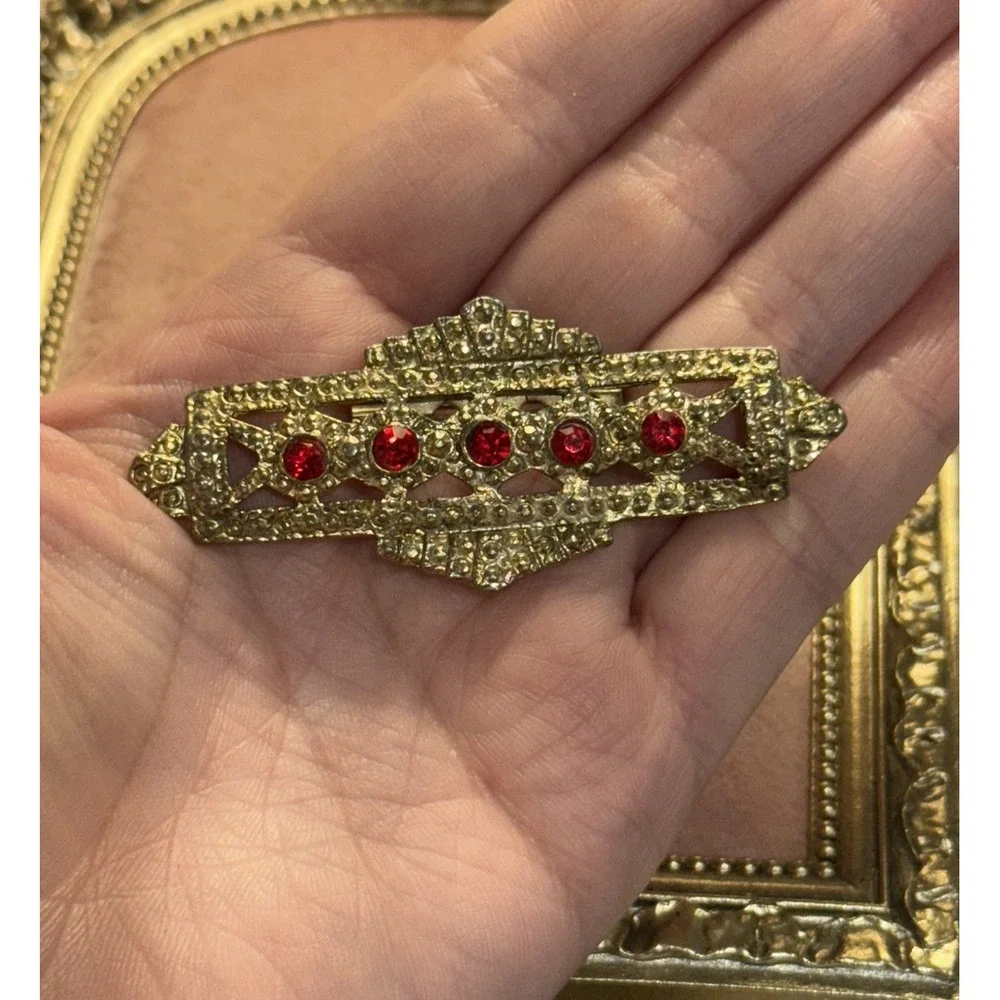 Gold Tone Art Deco Style Red &‎ Clear Rhinestone Faux Marcasite Pin Brooch